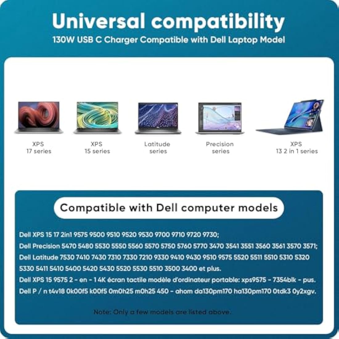 130W USB C Laptop Charger for Dell XPS 9575 9500 9510 9520 9530 9700 9710 9720 9730 Precision 5530 5550 5560 5570 5750 5760 3560 3561 Latitude 5520 5530 5420 7410 7310 7210 9410 9510 9520