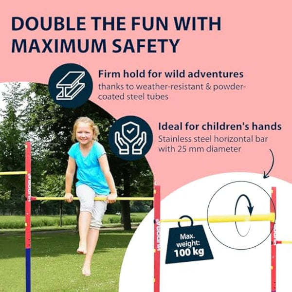 HUDORA Gymnastics Bar Fabian Standard/Pro - Single/double gymnastics bar for children & adults - 4 level height-adjustable gymnastics bar - Sturdy outdoor fitness bar for up to 100kg