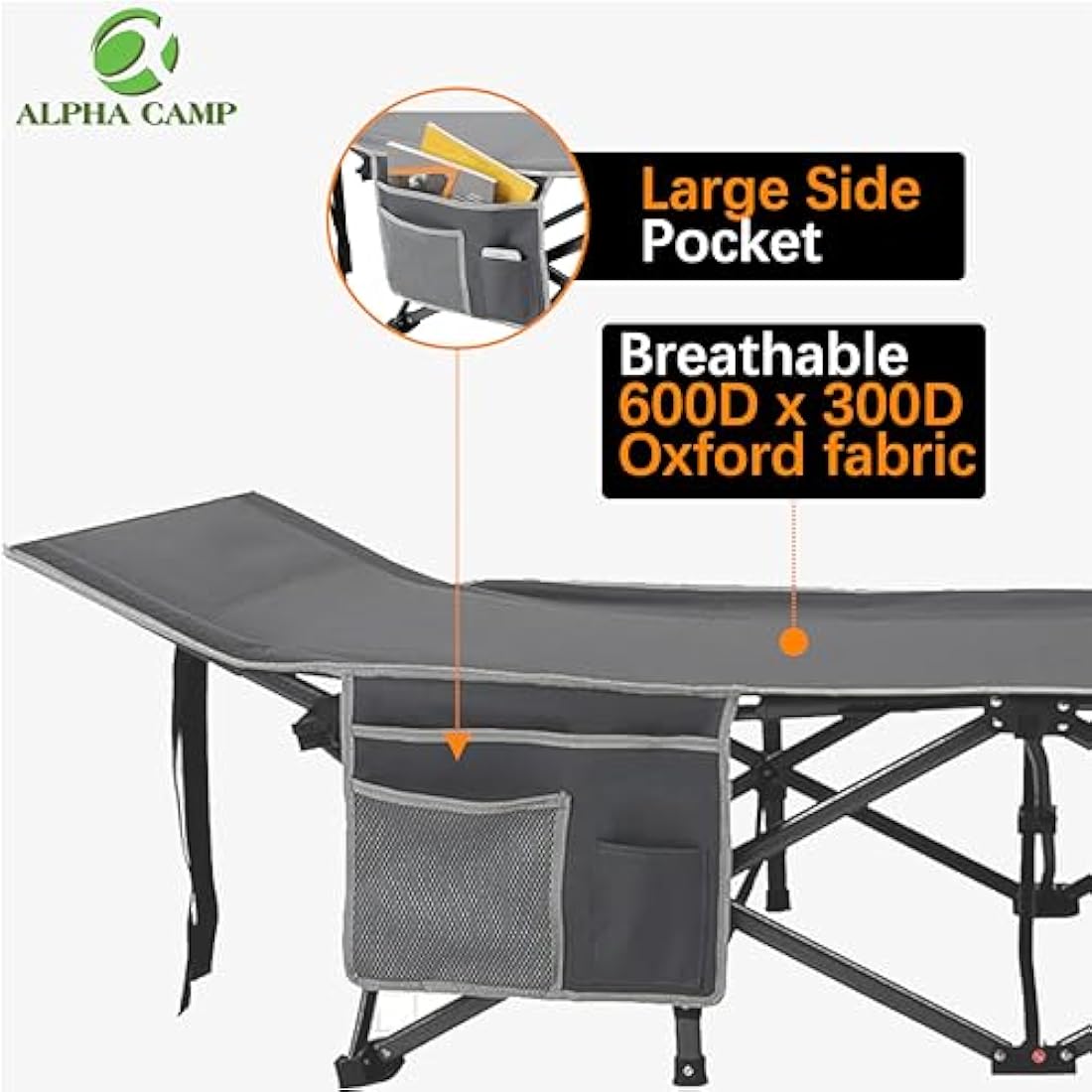 ALPHA CAMP Camping Bed for Adults Folding Camp Bed Heavy Duty Camping Beds Up to 280 kg Portable Camping Cot with Carry Bag for Outdoor Travel Fishing Office, Grey