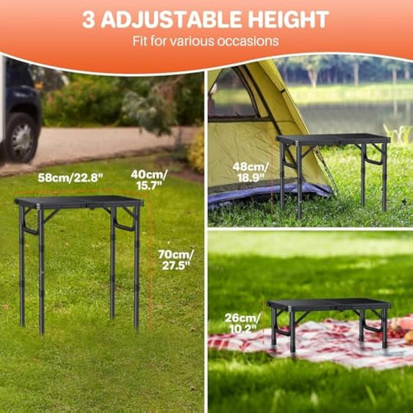 FUNYKICH 2ft Small Folding Camping Table, 3 Height Adjustable Portable Picnic Table, Lightweight Aluminum Outdoor Tables with Carry Handle for Camping, Picnic, BBQ, 58x40cm(L22.8 xW15.7), Black