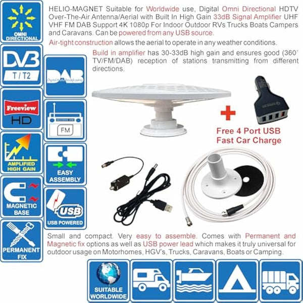 HELIO - Omnidirectional Amplified Digital HD TV Aerial Antenna 33dB High Gain Booster. Freeview UHF FM DAB. 12V / 24V ideal for Motorhome HGV Truck Caravan Boat Camping by Unispectra® (Magnet)
