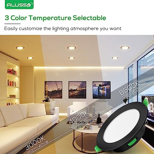 ALUSSO LED Recessed Ceiling Lights, 7W 480LM LED Downlights Dimmable, 30MM Ultra Slim Round Black Spotlights, Warm White/Neutral White/Cool White Adjustable, IP44 Waterproof for Bathroom, 6 Pack