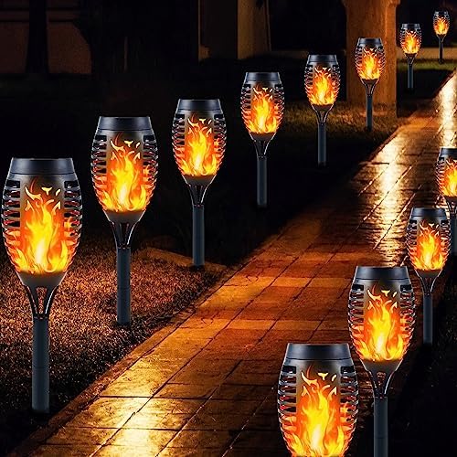 Solar Lights Outdoor Garden, 12 Pack Solar Flame Lights LED Warm Flickering Flames Waterproof Solar Torch Lights Garden Ornaments Landscape Lighting Auto On/Off for Pathway Yard Decoration (Warm)