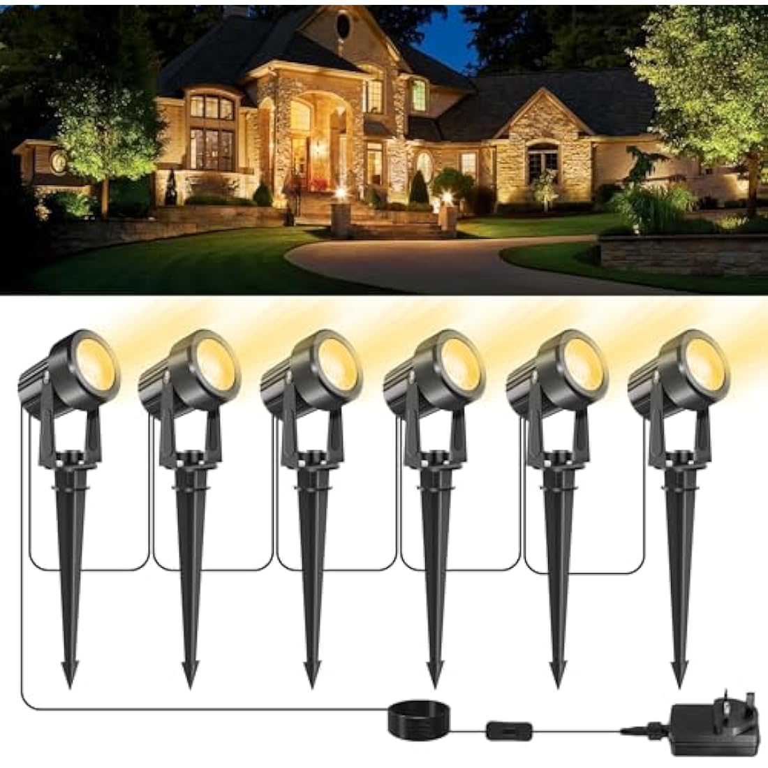 NATPOW Garden Lights, Garden Spot Lights Mains Powered, Warm White LED Outdoor Landscape Spike Lights with Adapter, IP65 Waterproof 5V Spotlights for Lawn, Driveway,Party(6-in-1)