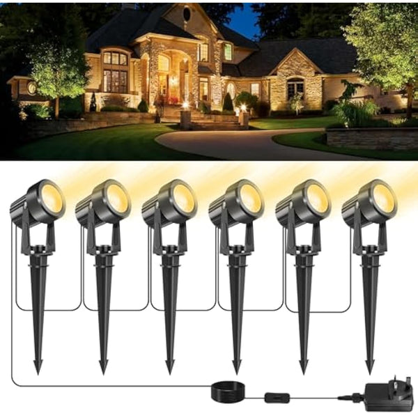 NATPOW Garden Lights, Garden Spot Lights Mains Powered, Warm White LED Outdoor Landscape Spike Lights with Adapter, IP65 Waterproof 5V Spotlights for Lawn, Driveway,Party(6-in-1)