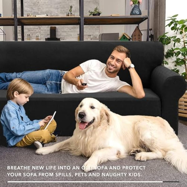 XINEAGE High Stretch Sofa Covers 4 Seater Latest Jacquard Extra Large Couch Covers for Dogs Pet 1 Piece Sofa Slipcovers Living Room Non Slip Couch Furniture Protector Washable (4 Seater, Black)
