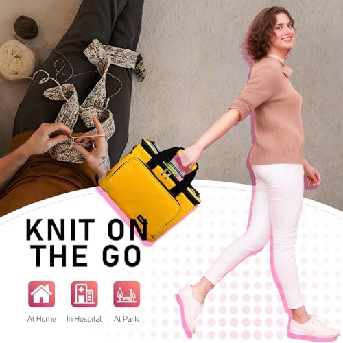 Hoshin Knitting Bag for Yarn Storage, Portable Crochet Tote Bag Yarn Organizer for Crochet Patterns and Hooks, Needles, Skeins of Yarn-Enjoy Knitting/Crocheting Anywhere(Yellow)