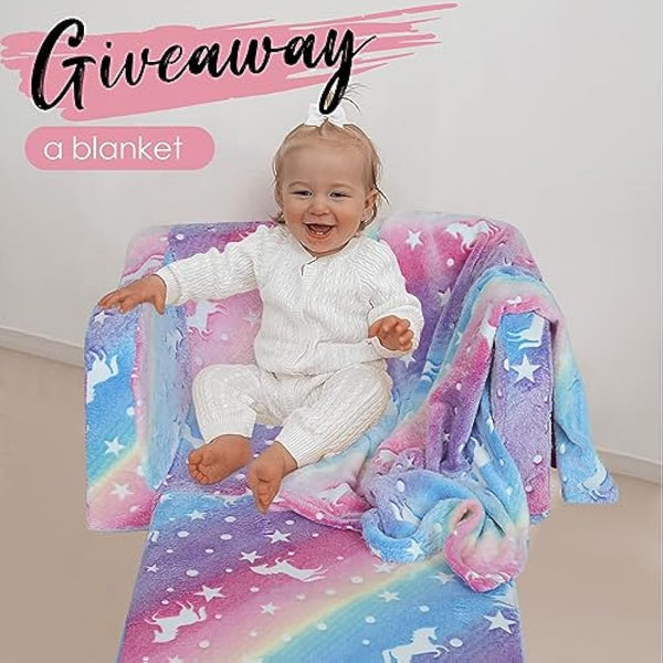 MeMoreCool Folding Kids Sofa Bed, Toddler Sofa Chair, Soft Plush Fold Out Kids Couch Glow in The Dark, Comfy Baby Recliner for Girls & Boys, Glowing Unicorn