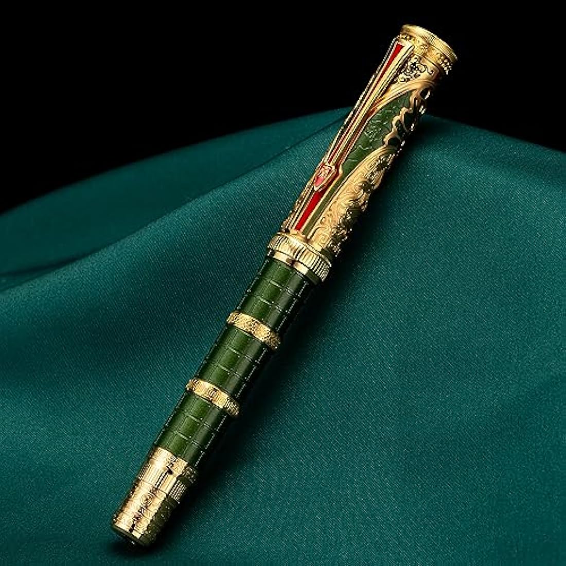 Hongdian D5 Qin Dynasty Fountain Pen Green Gold, Fine Nib Piston Filling Pen with Box Set