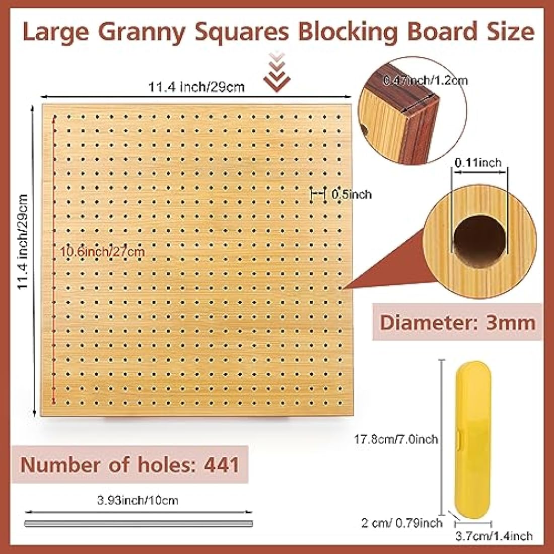 Aeelike Large Granny Square Blocking Board, 11 inch Bamboo Crochet Blocking Board and Pins, Upgrade Blocking Board for Crochet Squares with Recess Stand & Case, Crochet Wooden Blocking Board with Pegs