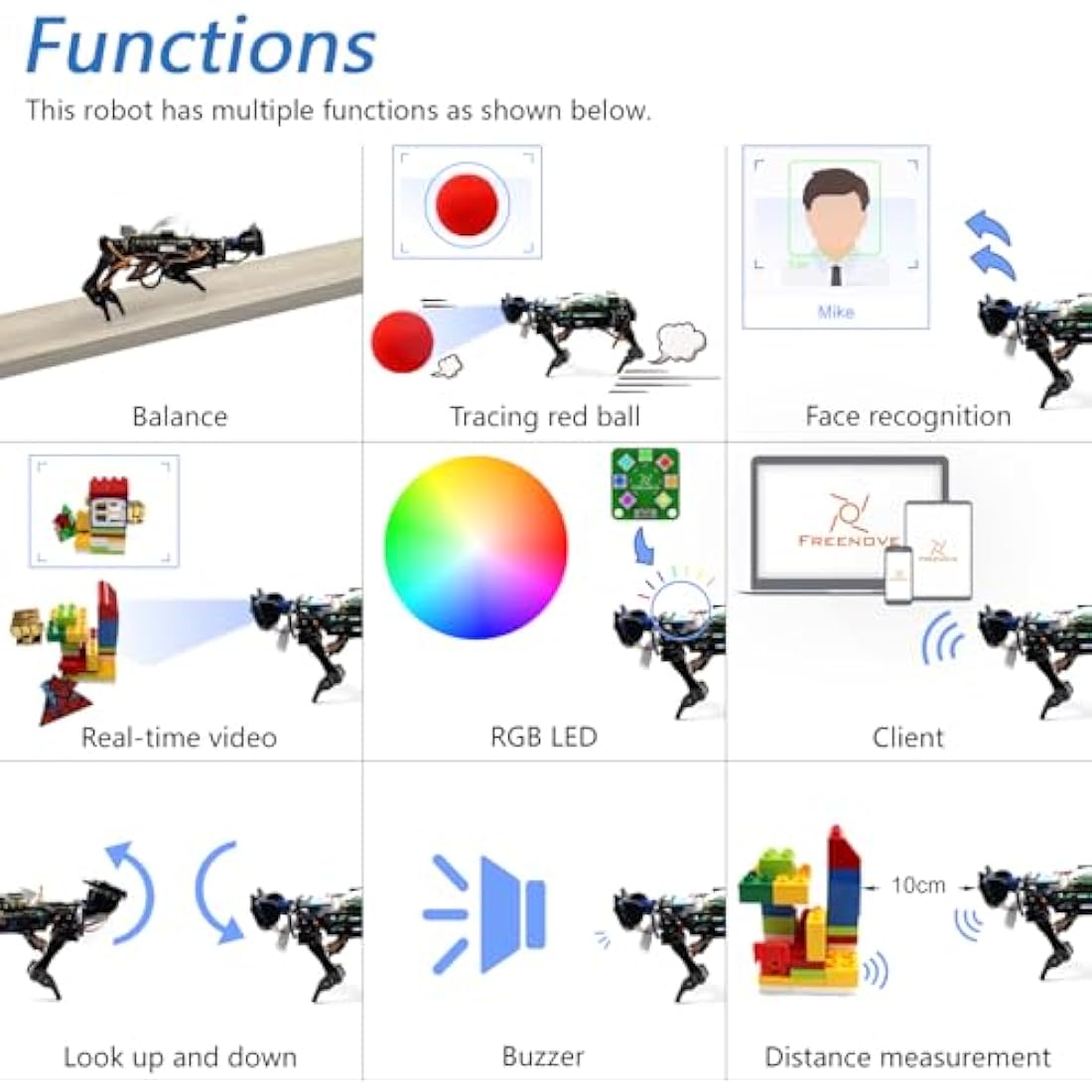 FREENOVE Robot Dog Kit for Raspberry Pi 5 4 B 3 B+ Zero 2 W, Walking, Self Balancing, Face Recognition, Ball Tracing, Ultrasonic Ranging, App Control, Camera, Servo (Raspberry Pi NOT Included)