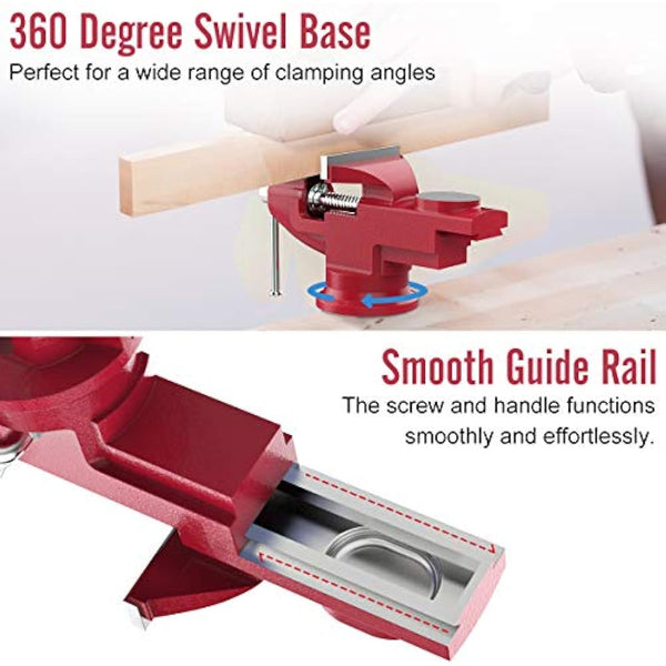 Housolution Universal Table Vise 3 Inch, 360°Swivel Base Bench Clamp Home Vise Clamp-On Vise Repair Tool Portable Work Bench Vise for Woodworking, Cutting Conduit, Drilling, Metalworking - Red
