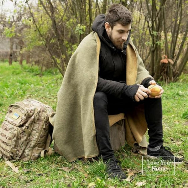 LYHome Travel Blanket - Extra Warm Picnic Throw, Bed Camping Outdoor Wool Blankets, Cozy Soft Throws, Military Army and Garden Outside Use (51x67 in | 130x170 cm | Olive Green - Mustard Double-sided)
