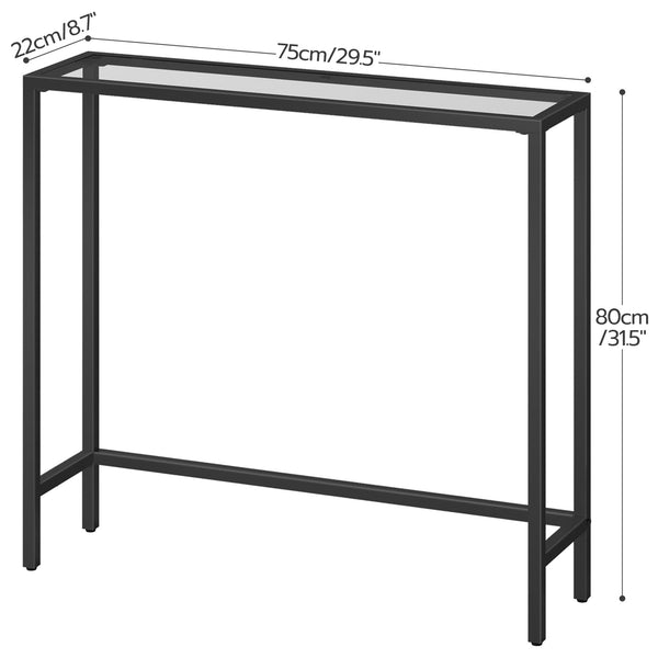 HOOBRO Slim Hallway Console Table, Tempered Glass Sofa Table, 75 x 22 x 80 cm, Modern Display Table for Living Room, Metal Frame, Sturdy, Black
