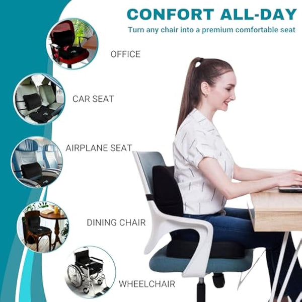 Famjoy Premium Gel Memory Foam Seat & Back Cushion – Lumbar & Coccyx Support for Office, Car & Gaming Chair – Ultimate Comfort & Posture Relief