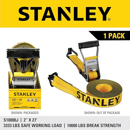 STANLEY S1007 Black/Yellow 1.5" x 16' Ratchet Tie Down Straps - 1,100 lb Safe Working Load / 3,300 lb Break Strength, 2 Pack