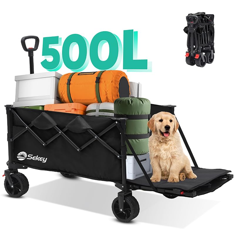 Sekey 332L Folding Festival Trolley with Expandable Tailgate, Patented Design Beach Cart - Diamond Collapsible, Wide All-Terrain Wheels, Brake, 350LB Load Capacity Heavy Duty Wagon for Camping, Black