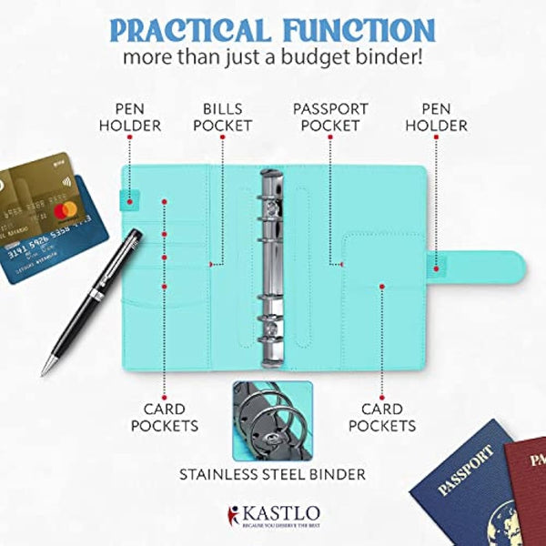 KASTLO A6 PU Leather 51pcs Budget Binder Planner - Money Saving Wallet with Plastic Money Wallet Organiser, Label Sticker, Ruler - Budget Planner & Cash Envelopes for Cash Stuffing Wallet UK - Green