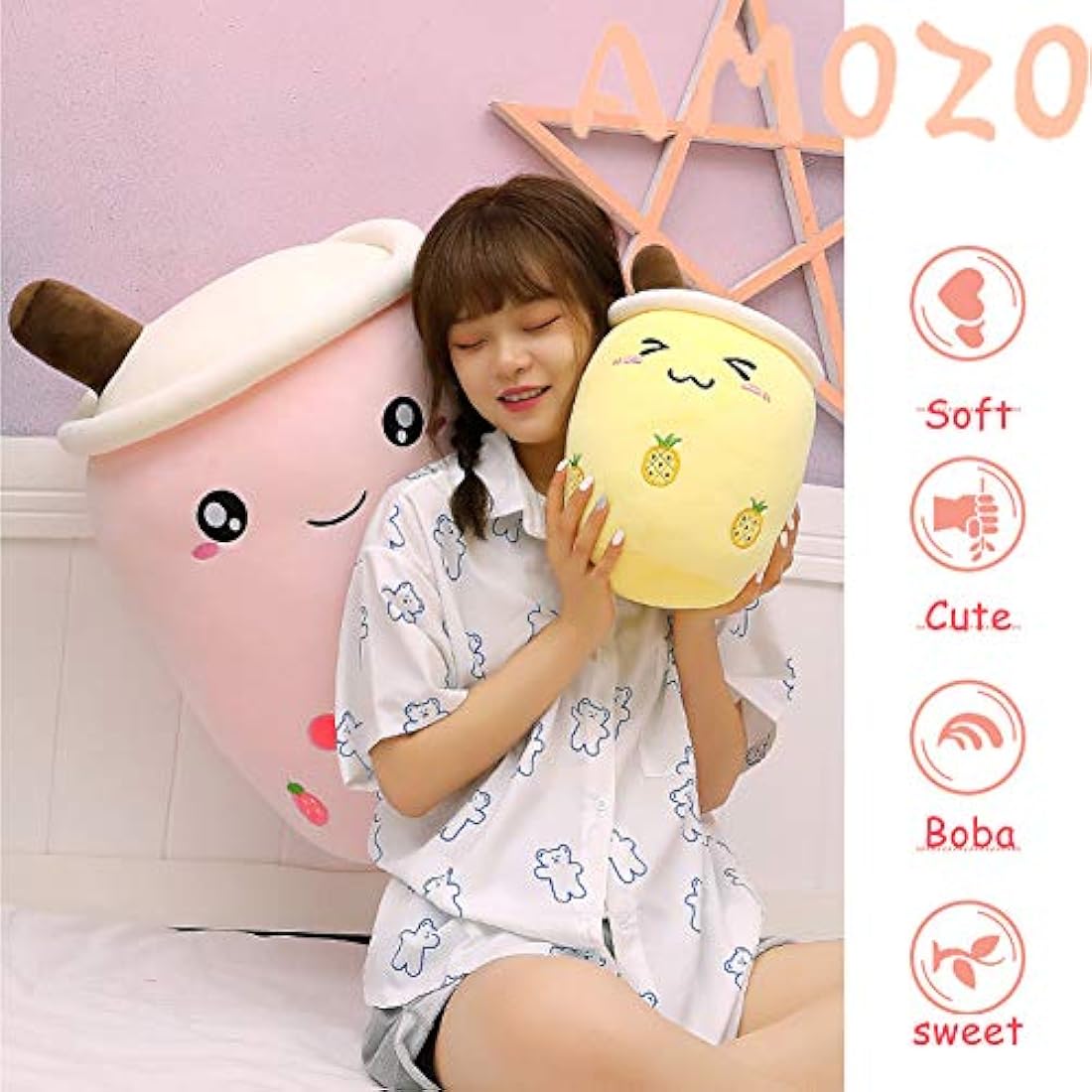 AMOZO Cute Cartoon Boba Milk Tea Soft Plush Doll, Giant Boba Bubble Plushie Stuffed Tea Cup Pillow Gift Toys(Green,35cm)