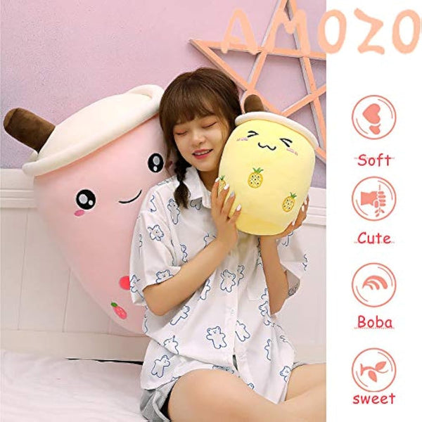 AMOZO Cute Cartoon Boba Milk Tea Soft Plush Doll, Giant Boba Bubble Plushie Stuffed Tea Cup Pillow Gift Toys(Pink,35cm)
