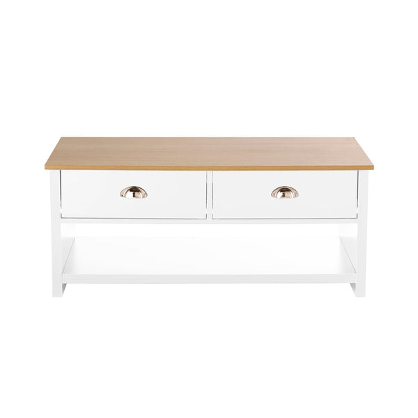 Home Source 2 Drawer Coffee Occasional Table, Oak Effect Top, White, 100cm