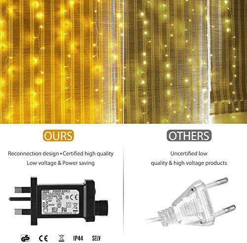 Elegear 6m x 3m Curtain Lights Mains Powered 600 LED, Plug in Outdoor Waterfall Fairy String Lights with 8 Modes for Christmas, Xmas, Garden, Patio, Wedding, Bedroom, Inodoor Decoration, Warm White