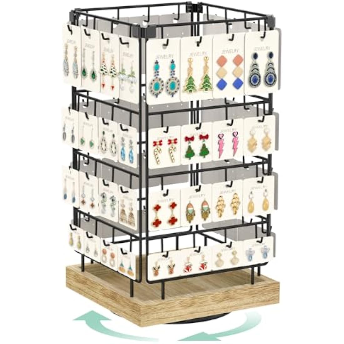 EsLuker.ly Rotating Earring Display Holder Stand for Vendors Events Selling, Large Capacity 64 Hooks Jewelry Rack with Wooden Base for Earring Card Sales, Enhances Retail Display Visibility