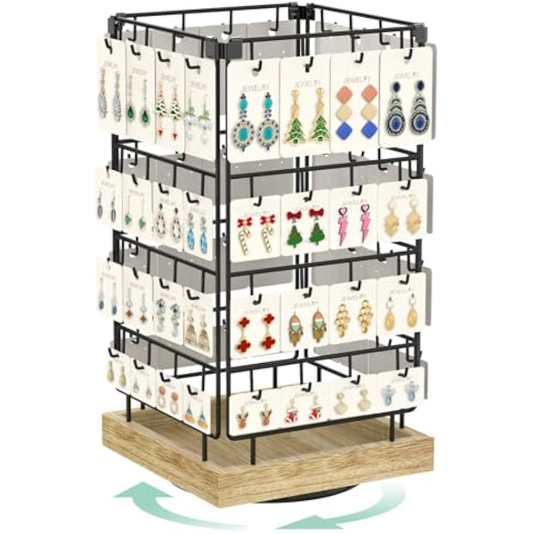EsLuker.ly Rotating Earring Display Holder Stand for Vendors Events Selling, Large Capacity 64 Hooks Jewelry Rack with Wooden Base for Earring Card Sales, Enhances Retail Display Visibility