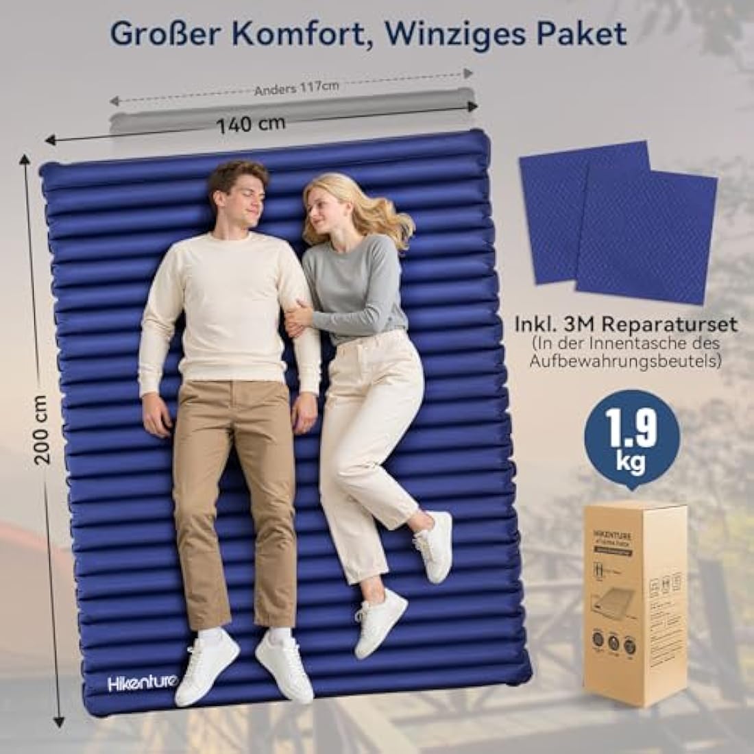 HIKENTURE Double Double Ultralight Double Insulating Mattress, 2 Person Inflatable Small Space Saver with Foot Pump/Pump Bag, for Travel, Outdoor, Hiking, Beach, Navy Blue