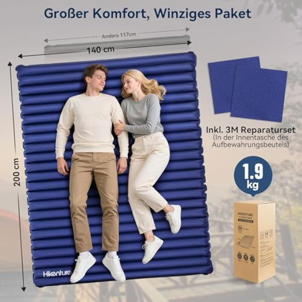 HIKENTURE Double Double Ultralight Double Insulating Mattress, 2 Person Inflatable Small Space Saver with Foot Pump/Pump Bag, for Travel, Outdoor, Hiking, Beach, Navy Blue