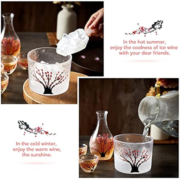 DUJUST Japanese Sake Set for 4, Handcraft Pink Cherry Blossoms Design, 1 Sake Bot