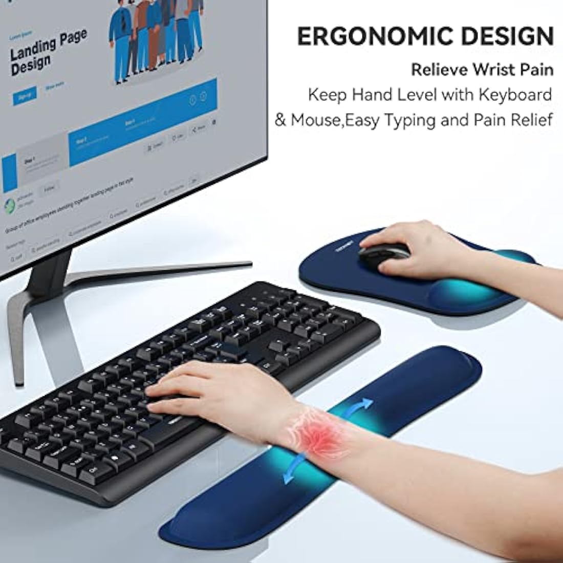 TECKNET Wrist Rest Mat, Keyboard and Mouse Wrist Support Pad Set, Comfortable Memory Foam Mouse Mat with Wrist Cushion Support, Anti-Slip Ergonomic Mouse Pad for Computer Laptop Working Gaming