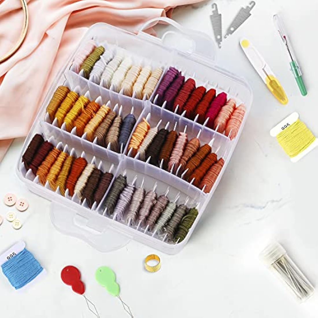 HANDI STITCH Embroidery Floss Set - (187 Pack) - Cross Stitch Tool Kit with 3 Tier Transparent Storage Box - 150 Colour Skeins - Threads on Paper Bobbins for Friendship Bracelets & Crafts