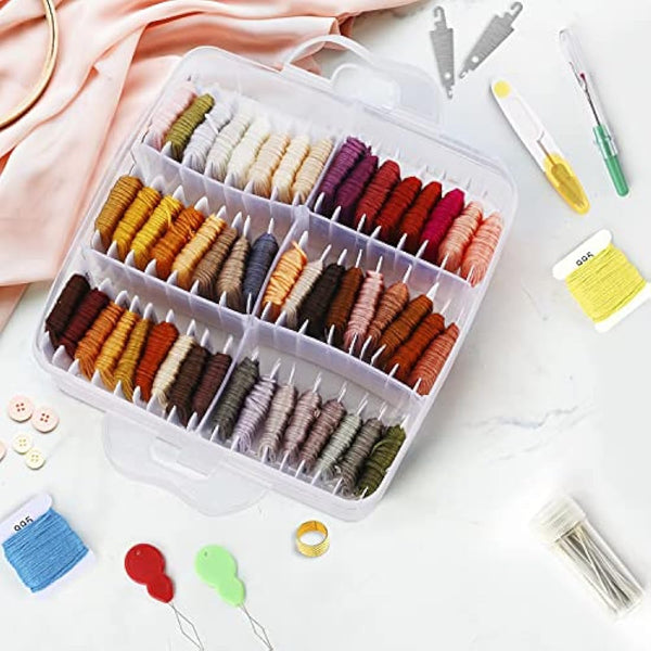 HANDI STITCH Embroidery Floss Set - (187 Pack) - Cross Stitch Tool Kit with 3 Tier Transparent Storage Box - 150 Colour Skeins - Threads on Paper Bobbins for Friendship Bracelets & Crafts