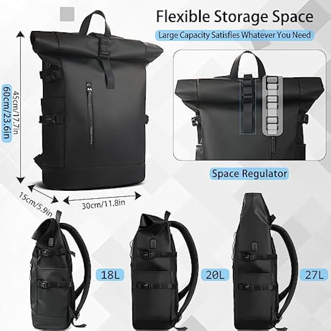 hk Roll Top Backpack Large Laptop Backpack 15.6'' USB Port Water-resistant Anti-theft Rucksack Travel Hiking Camping College School Work (27L Black)