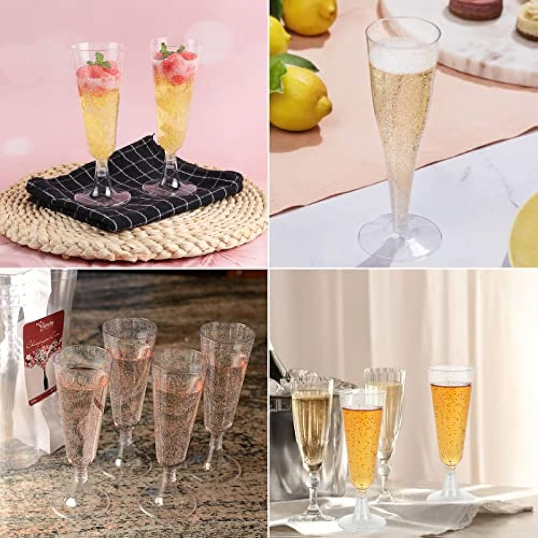 JMIATRY 100 Pcs Plastic Champagne Flutes, 160ml/5.6oz Multi-Use Champagne Flutes Reusable, Plastic Flutes Great for Wedding, Christmas, Birthday Party and Daily Use, Silver Glitter