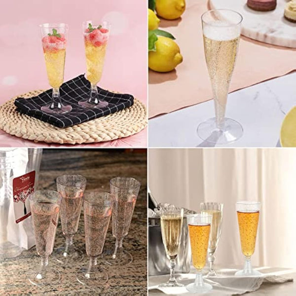 JMIATRY 100 Pcs Plastic Champagne Flutes, 160ml/5.6oz Multi-Use Champagne Flutes Reusable, Plastic Flutes Great for Wedding, Christmas, Birthday Party and Daily Use, Silver Glitter