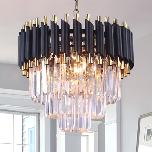 FRIXCHUR Modern Crystal Chandeliers 3-Tier Crystal Chandelier Light 15.7'' Black and Gold Pendant Light Fixtures for Living Room Kitchen Island Foyer E14x5 Bulb（Not Includ Bulb）…