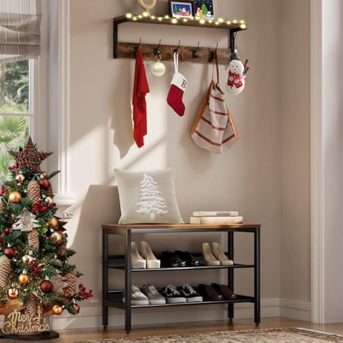 HOOBRO Coat Rack Shelf Wall-Mounted, Coat Hook with 7 Hooks and Shelf, 70 cm Hallway Coat Rack, Wall Floating Shelf with Hat Rack, for Bathroom, Kitchen, Laundry Room, Rustic Brown EBF16YM01