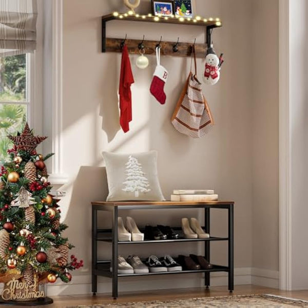 HOOBRO Coat Rack Shelf Wall-Mounted, Coat Hook with 7 Hooks and Shelf, 70 cm Hallway Coat Rack, Wall Floating Shelf with Hat Rack, for Bathroom, Kitchen, Laundry Room, Rustic Brown EBF16YM01