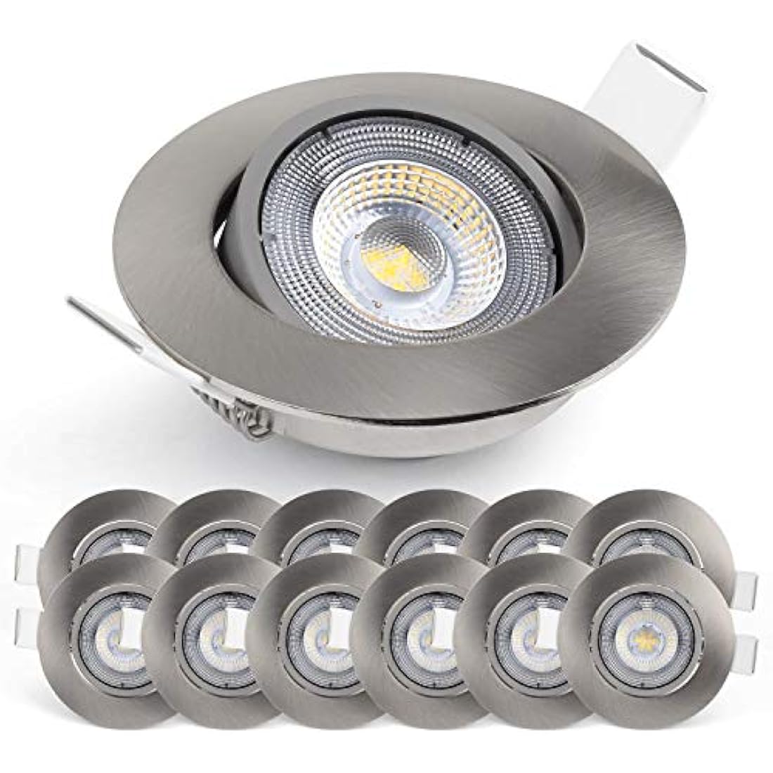 EMOS LED Spot Lights Ceiling Round 5W / 450lm, 6500K Cold White | 50° Tilt Swivel Recessed Ceiling Lights, Ultra Slim | Pack of 12 Recessed LED Downlights for Ceiling, Mains Powered, Brushed Silver