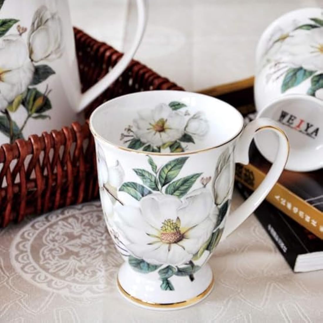 4 Piece Porcelain Mug Set - Bone China Floral Coffee Tea Water Cup - Tea Coffee Cappuccino Home Kitchen Office Gift Mug Set - 11 oz/312 ml
