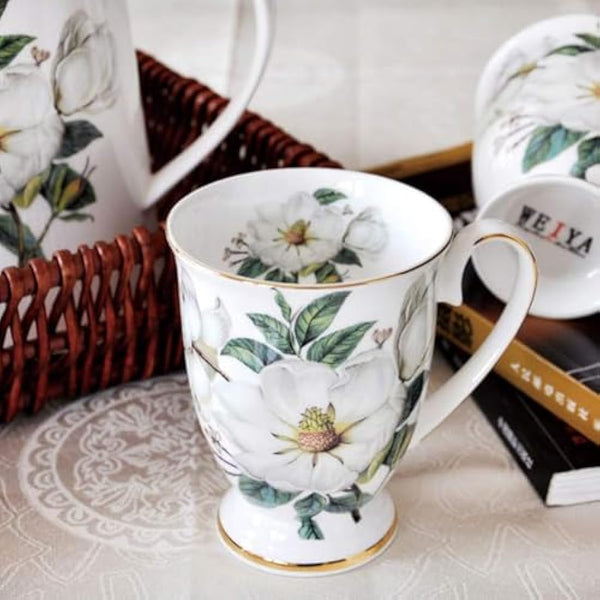 4 Piece Porcelain Mug Set - Bone China Floral Coffee Tea Water Cup - Tea Coffee Cappuccino Home Kitchen Office Gift Mug Set - 11 oz/312 ml
