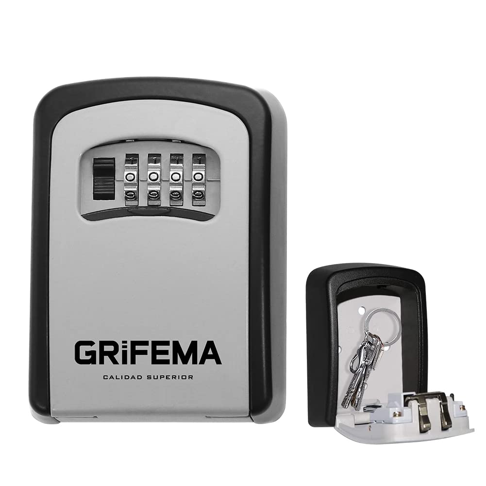GRIFEMA Key Safe Wall Mounted Police Approved, Lock Box Outdoor 4 Digit Combination, Heavy Duty Waterproof Key Cabinet for Home Garage School Airbnb GA1003-1, Gray, External dimensions: 115x95x40mm