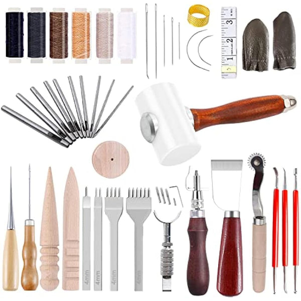 DIY Leather Craft Tools Kit Leather Kits Leather Craft Tools Set Leather Working Tools Incl Nylon Hammer Waxed Thread Stitching Groover Prong Punch Tools for Hand Leather Craft Making Sewing Stitching