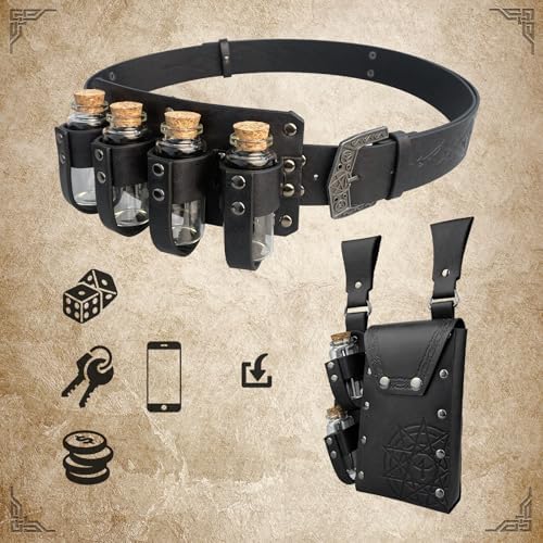 EpicCos 3 PCs Medieval Alchemy Belt Waist Pack Combo with Multiple Potion Bottles, Viking Rivet Belt Side Pouch for Cosplay (Black D)