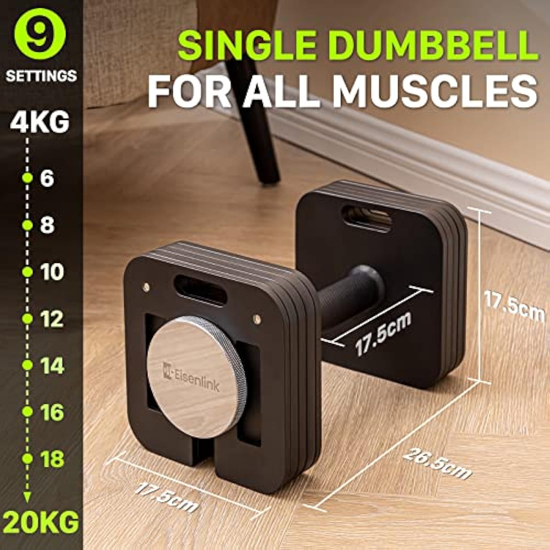 Eisenlink Adjustable Dumbbell 4-36kg Weight Set - Adjustable Dumbbell Set with Anti-slip Handle 2kg Increments Innovative Easy Safe Locking Mechanism for Home Gym Fitness
