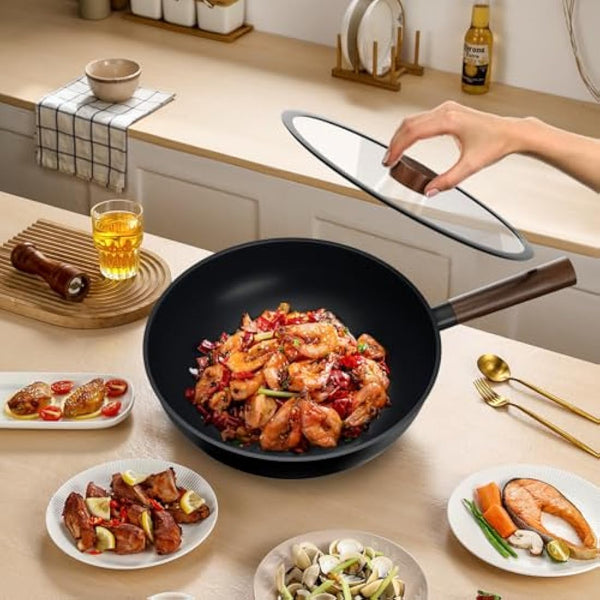 Jobin Wok Non Stick with Lid, 28cm Aluminium Wok Frying Pan, Large Capacity for Cook Asian Dishes for 3-5 People, Ideal for Induction, Gas, All Hobs