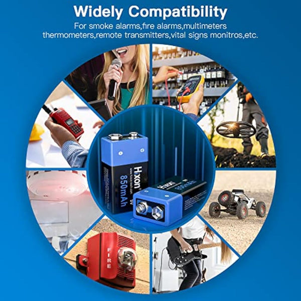 9V Rechargeable Battery 850mAh 9 Volt Battery 4 Pack 9V PP3 6F22 Lithium-ion Batteries with 9V Battery Charger for Smoke Detector Multimeter Toys