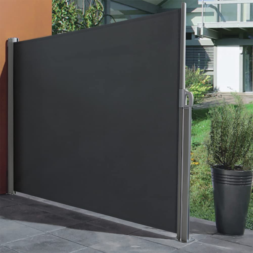 The Fellie Dark Grey Retractable Side Awning, Wind, UV Protection and Weatherproof PU Coating for Outdoor Privacy Screen for Garden, Balcony, Terrace, 140 x 300 cm